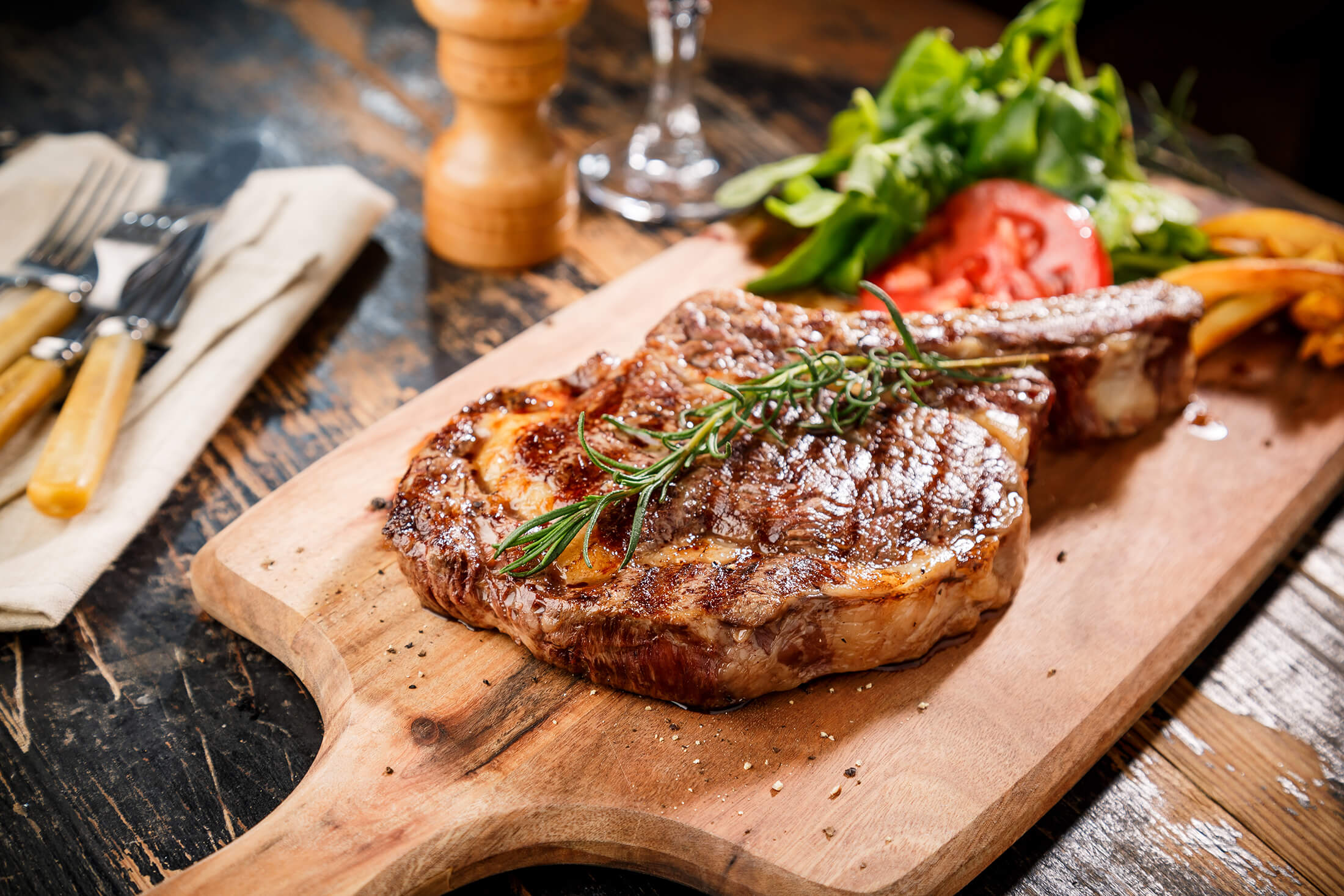 Steak on a wooden platter