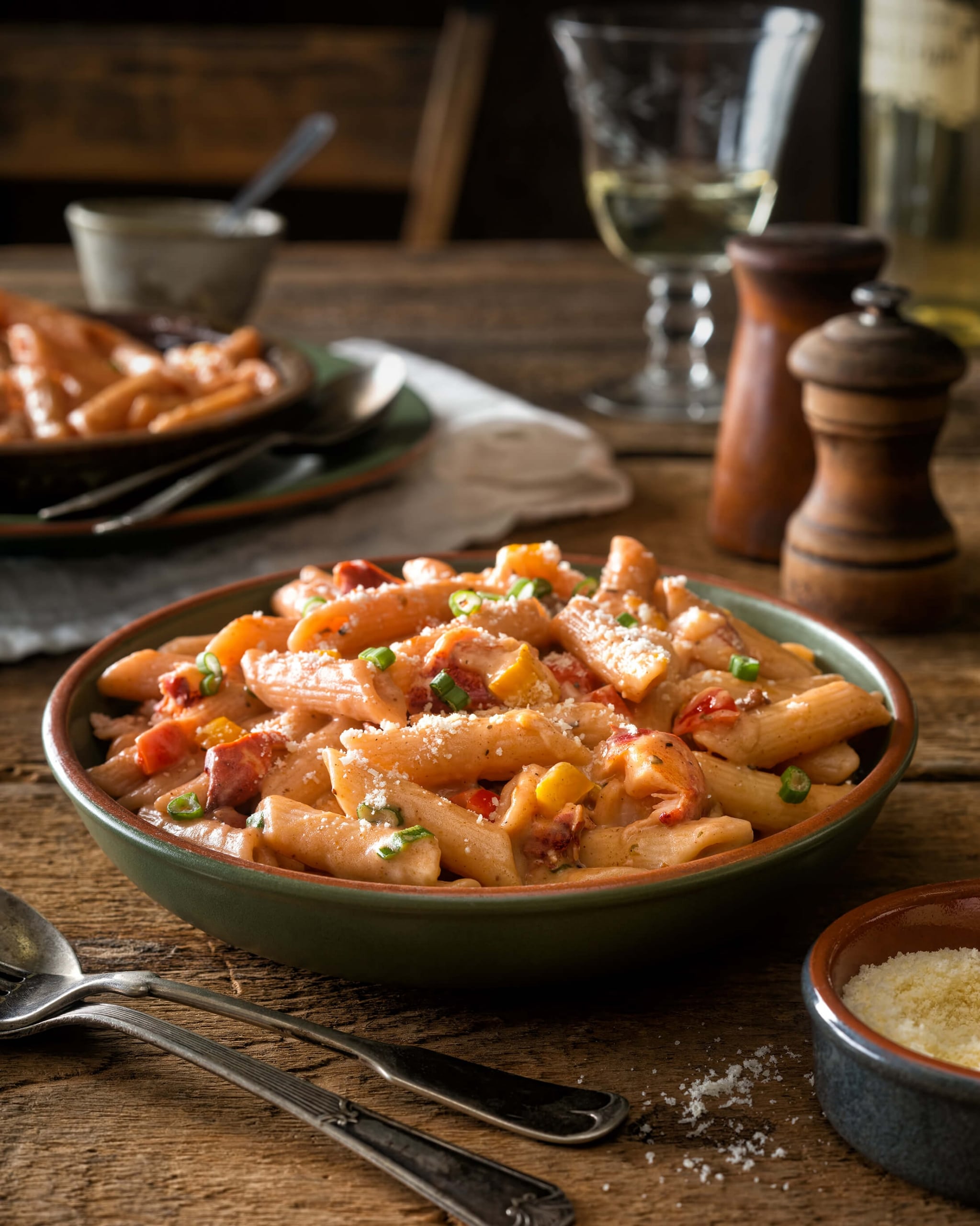 A bowl of penne pasta on a rustic table